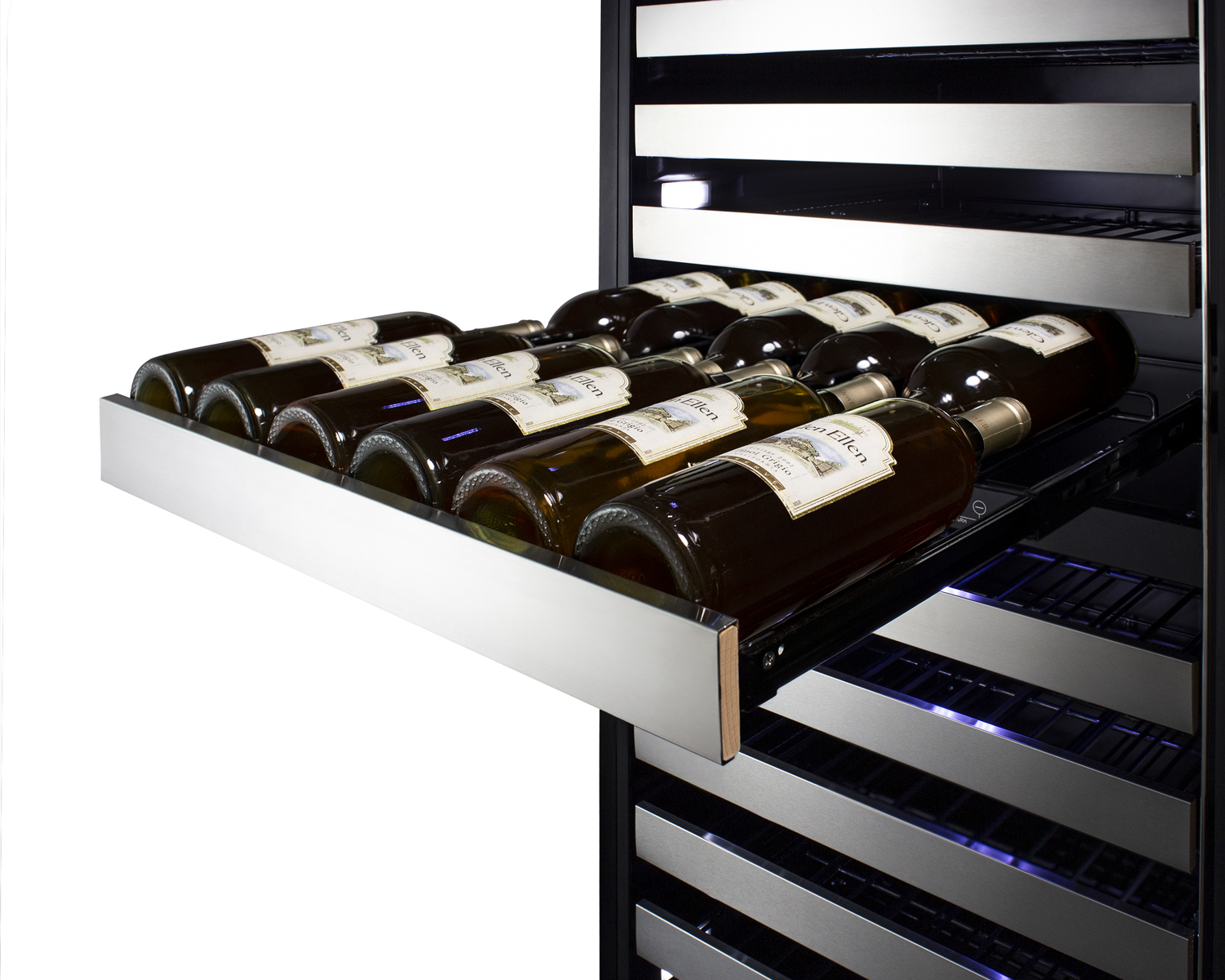Dual zone 163 bottle commercial wine cellar for built-in or freestanding use, with stainless steel cabinet, a glass door with seamless stainless steel trim, digital thermostat, full-extension shelving, and factory-installed lock